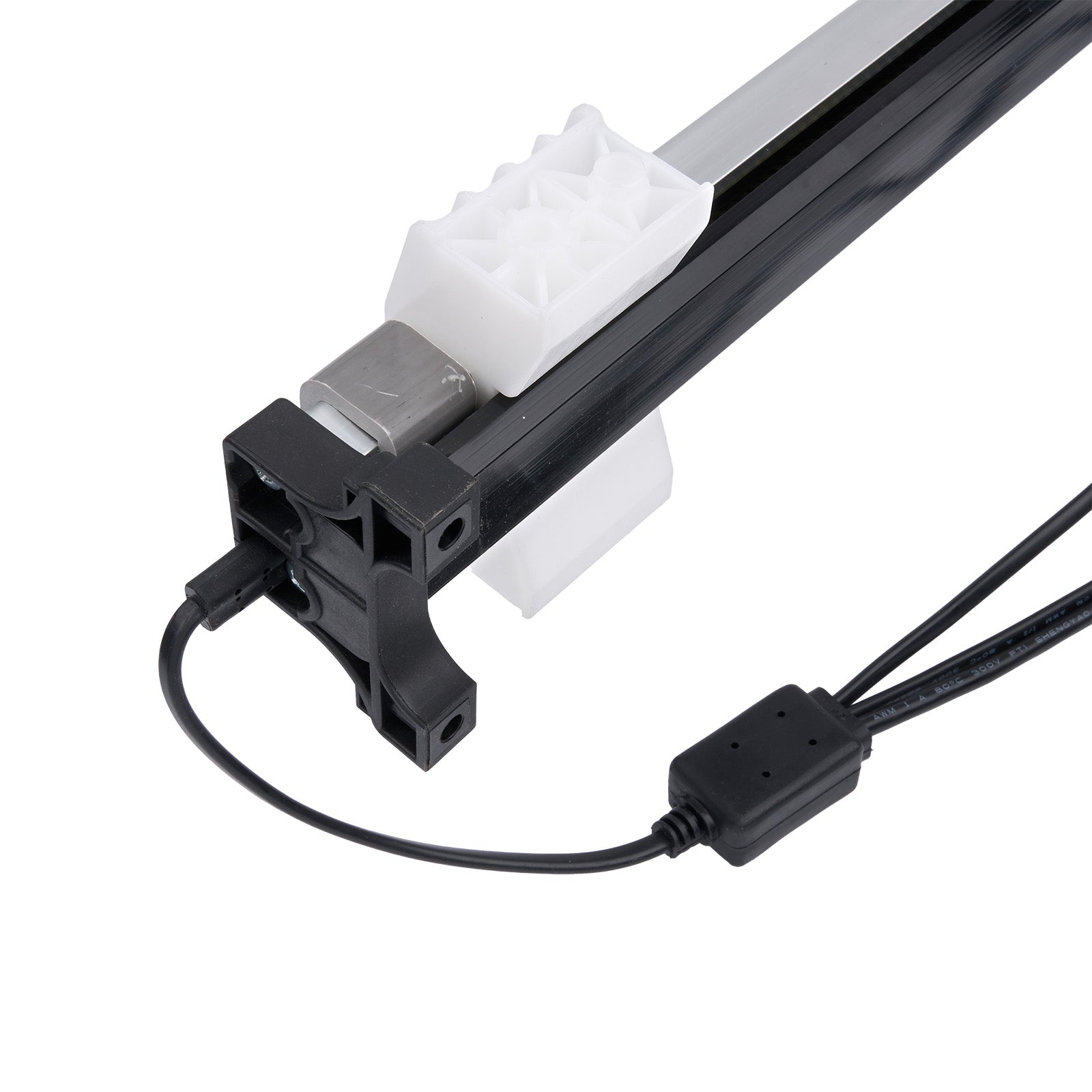 Mechanical arm with joints and cables on a white background