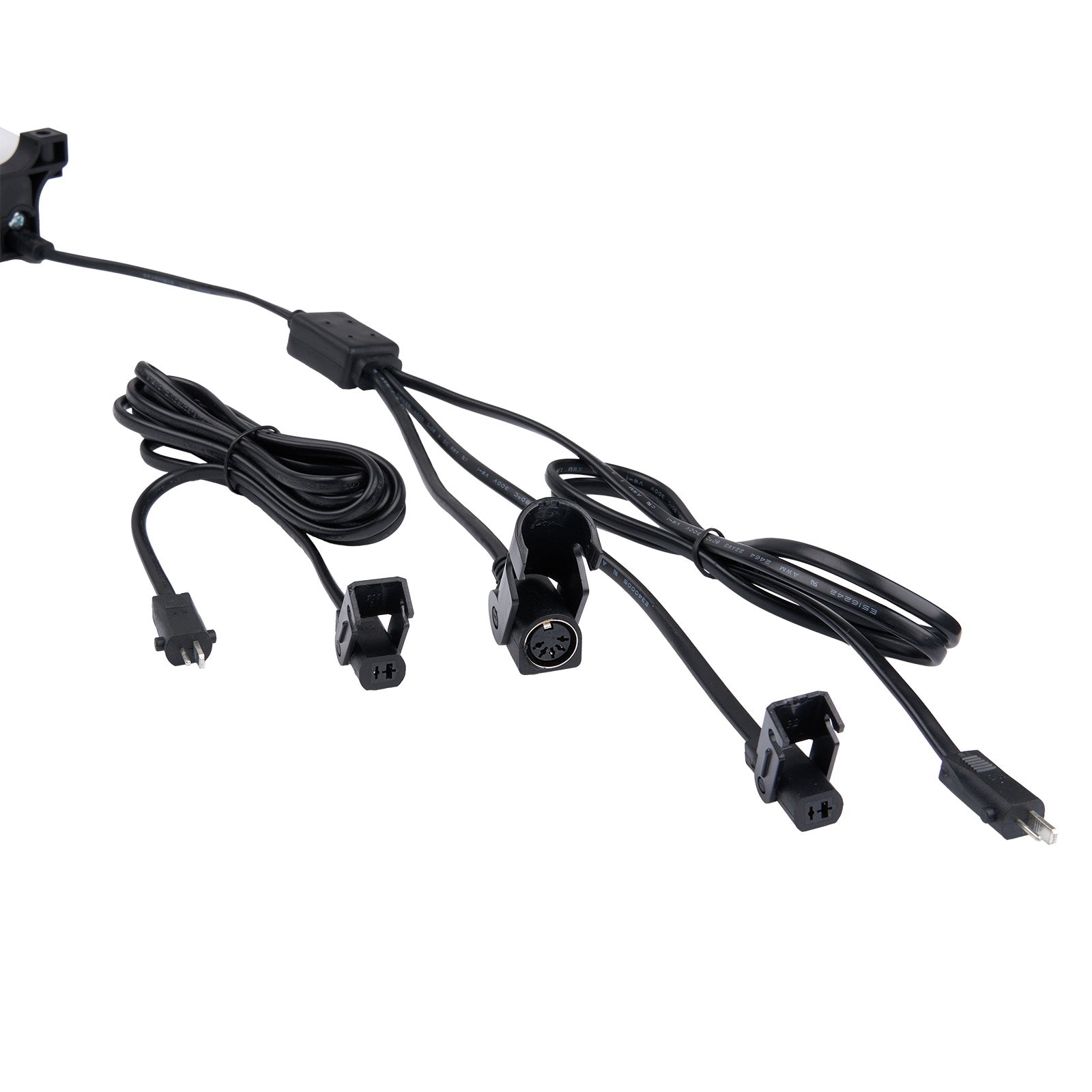 Set of black LED strip lights with connectors on a white background
