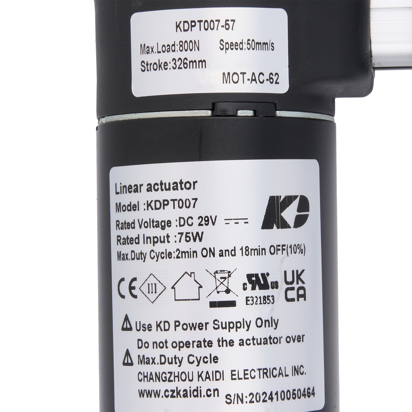Linear actuator with specifications label on a white background