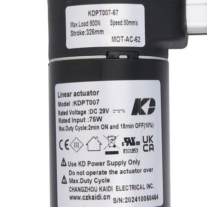 Linear actuator with specifications label on a white background