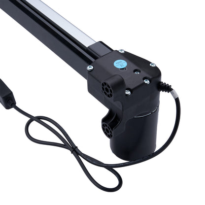 Black linear actuator with wiring on a white background