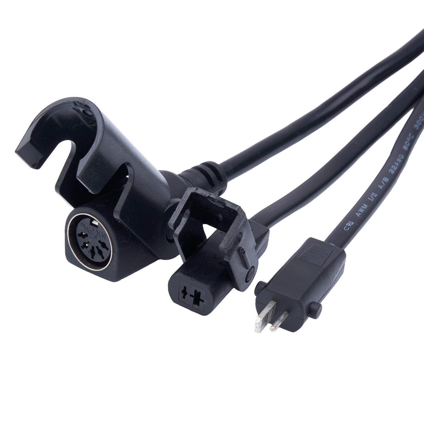 Black electrical connector with multiple plugs on a white background