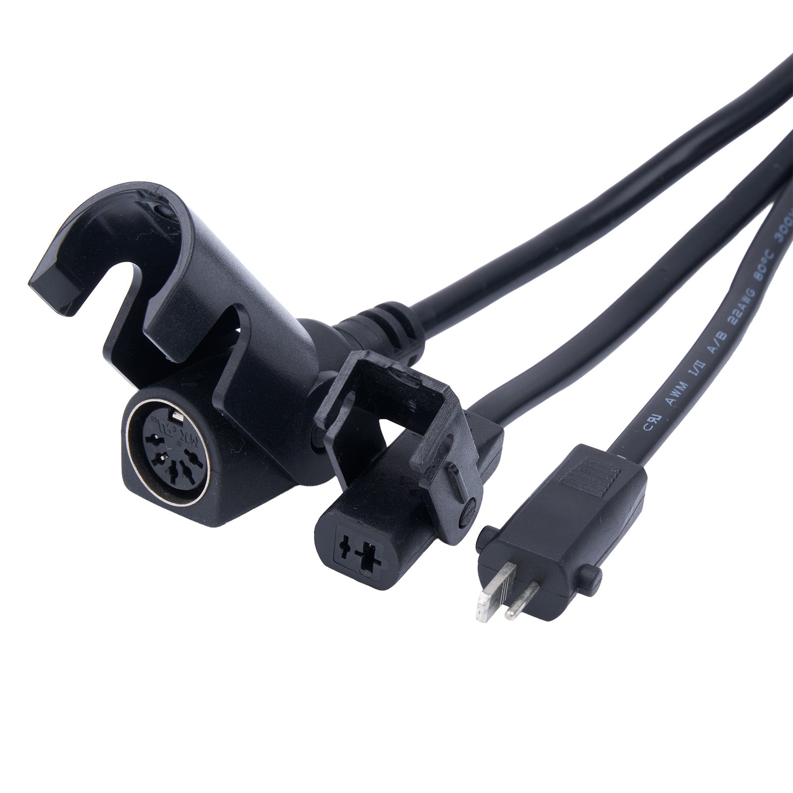 Black electrical connector with multiple plugs on a white background
