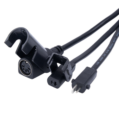 Black electrical connector with multiple plugs on a white background