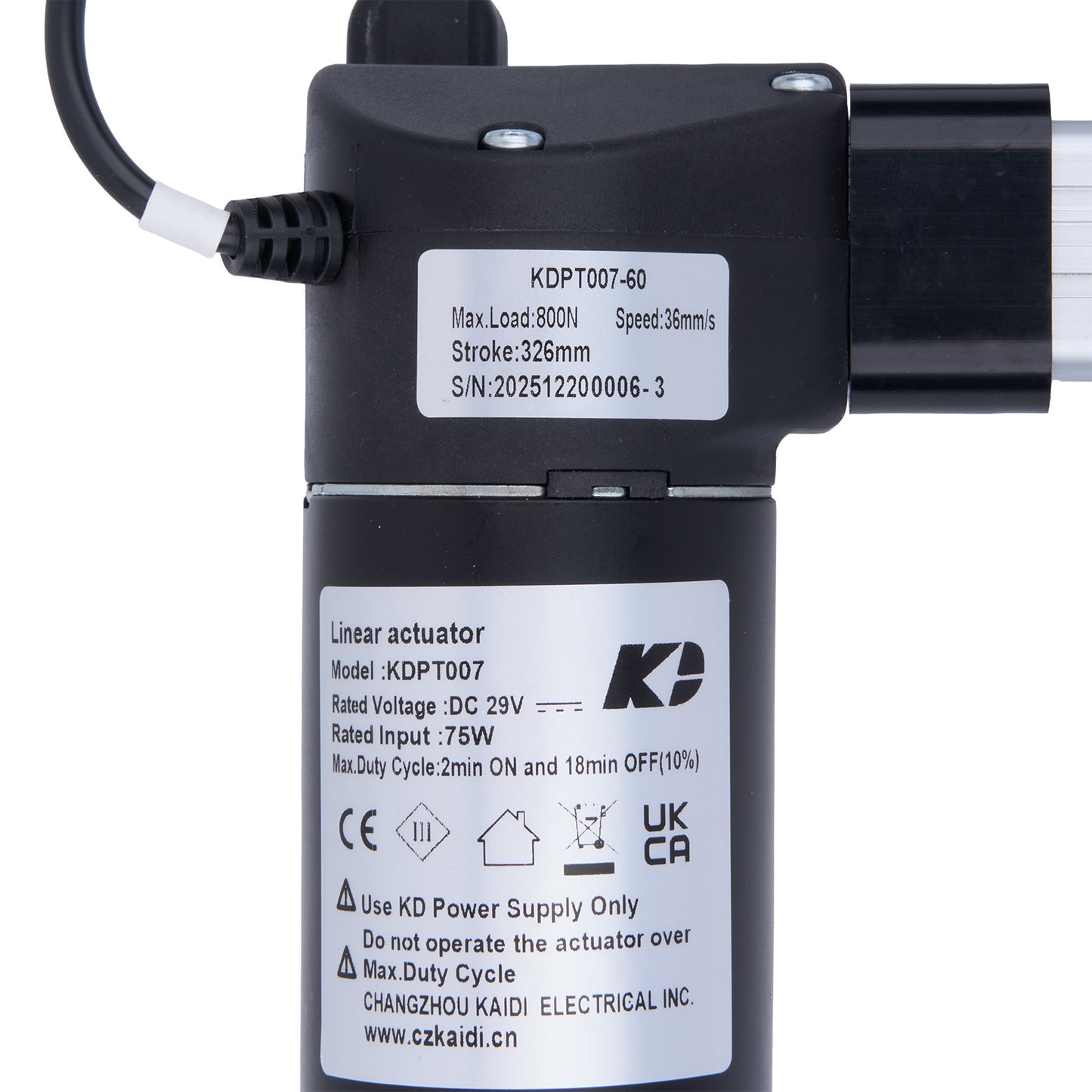 Linear actuator with specifications label on a white background