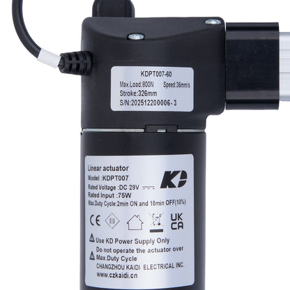 Linear actuator with specifications label on a white background