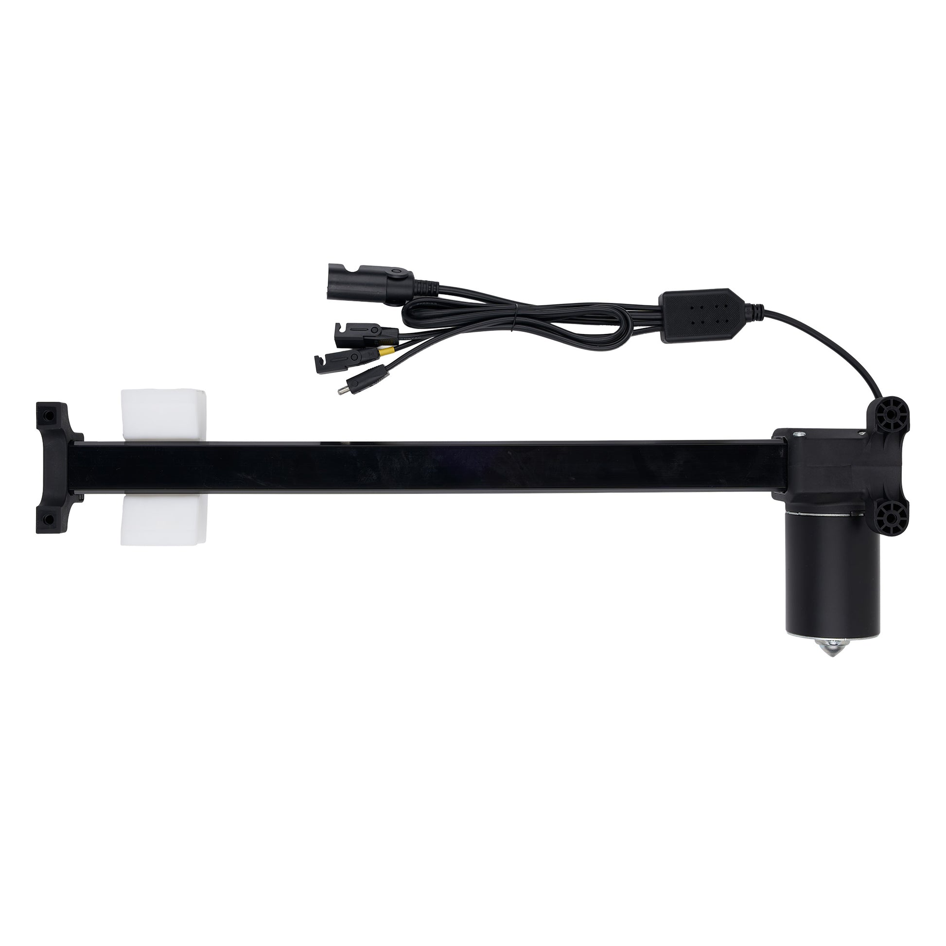 Black underwater camera mount with cables on a white background