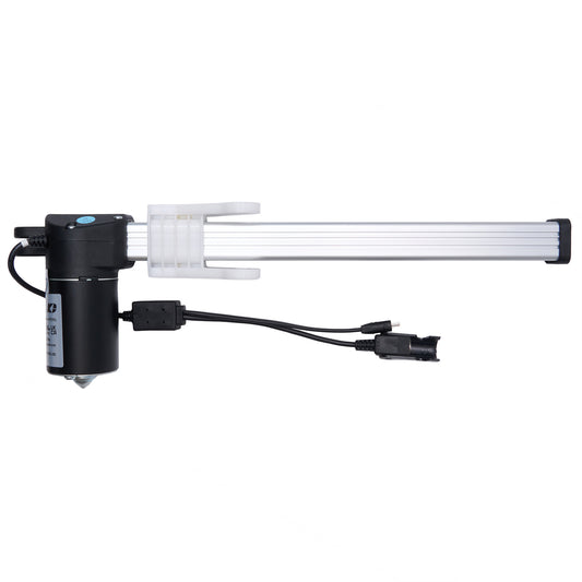 A black linear actuator for recliner or lift chair with cables and plugs, including a male 2 pin plug and a female 5 pin plug.
