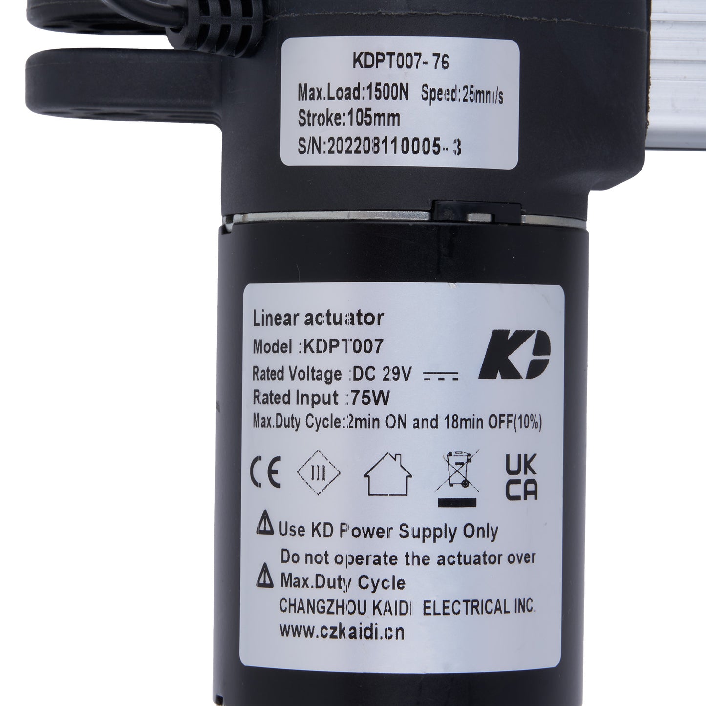 Linear actuator with specifications label on a white background