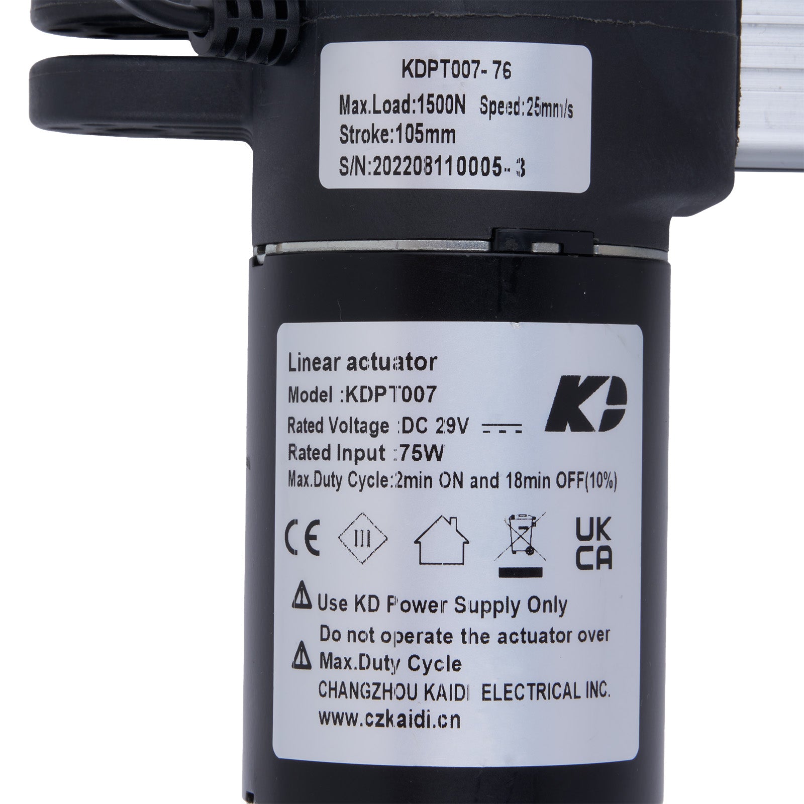 Linear actuator with specifications label on a white background