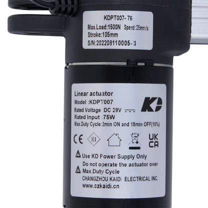 Linear actuator with specifications label on a white background