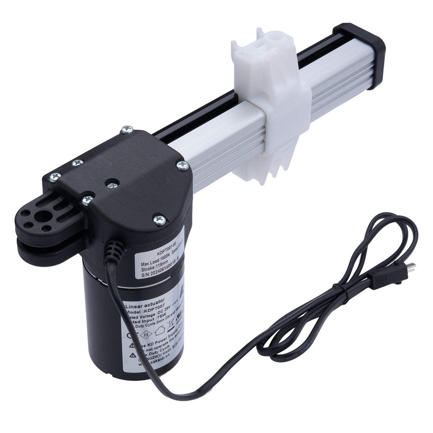 Linear actuator with black and white design on a white background