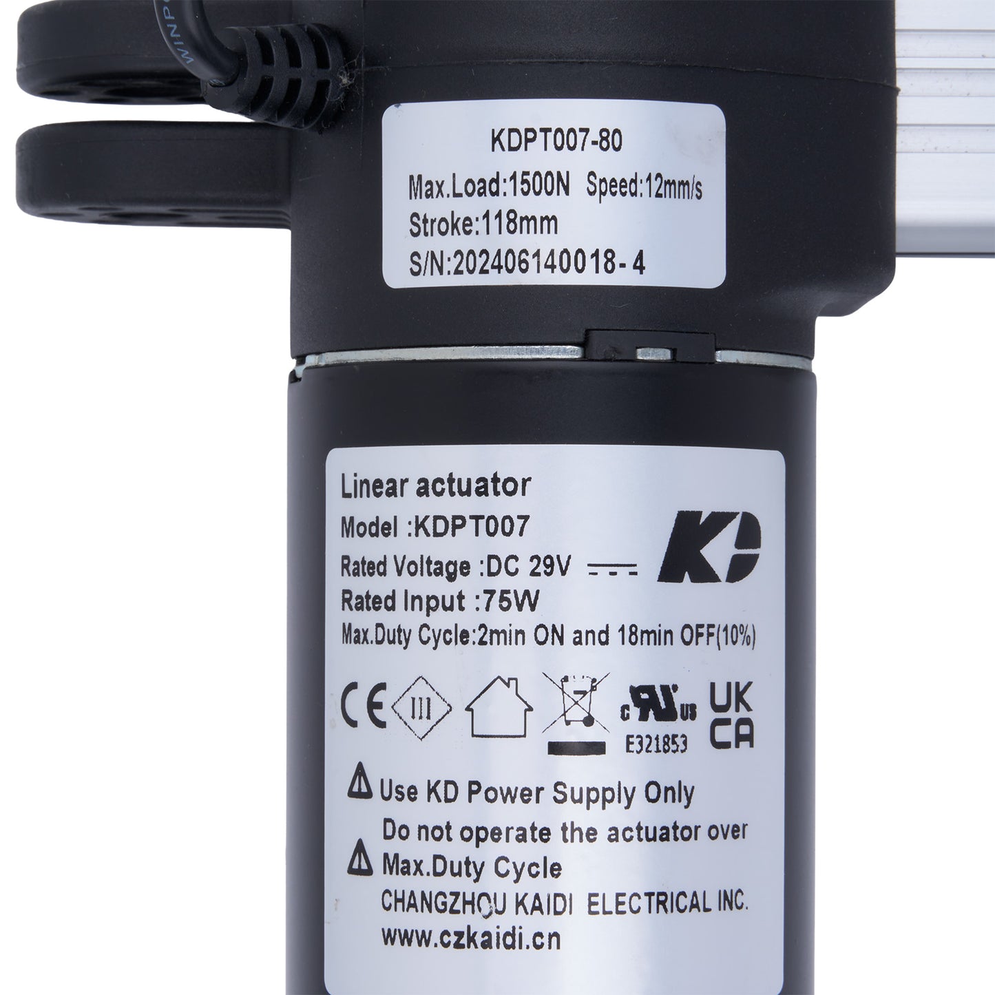 Linear actuator with label displaying specifications and branding on a white background