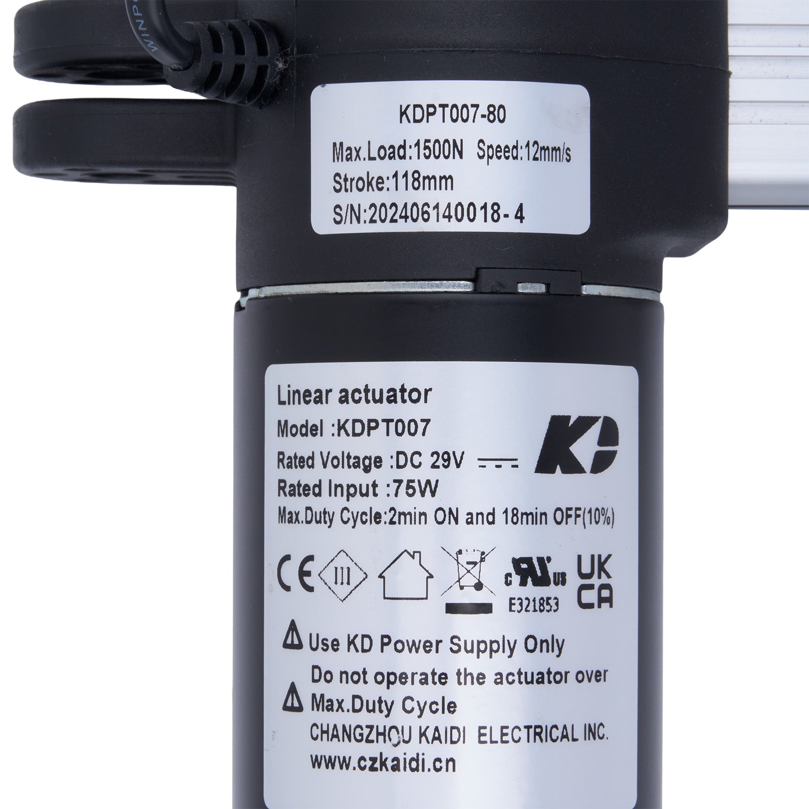 Linear actuator with label displaying specifications and branding on a white background