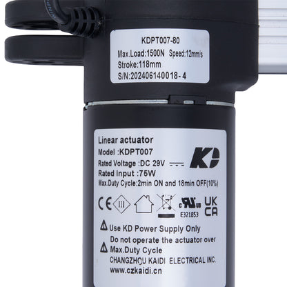 Linear actuator with label displaying specifications and branding on a white background