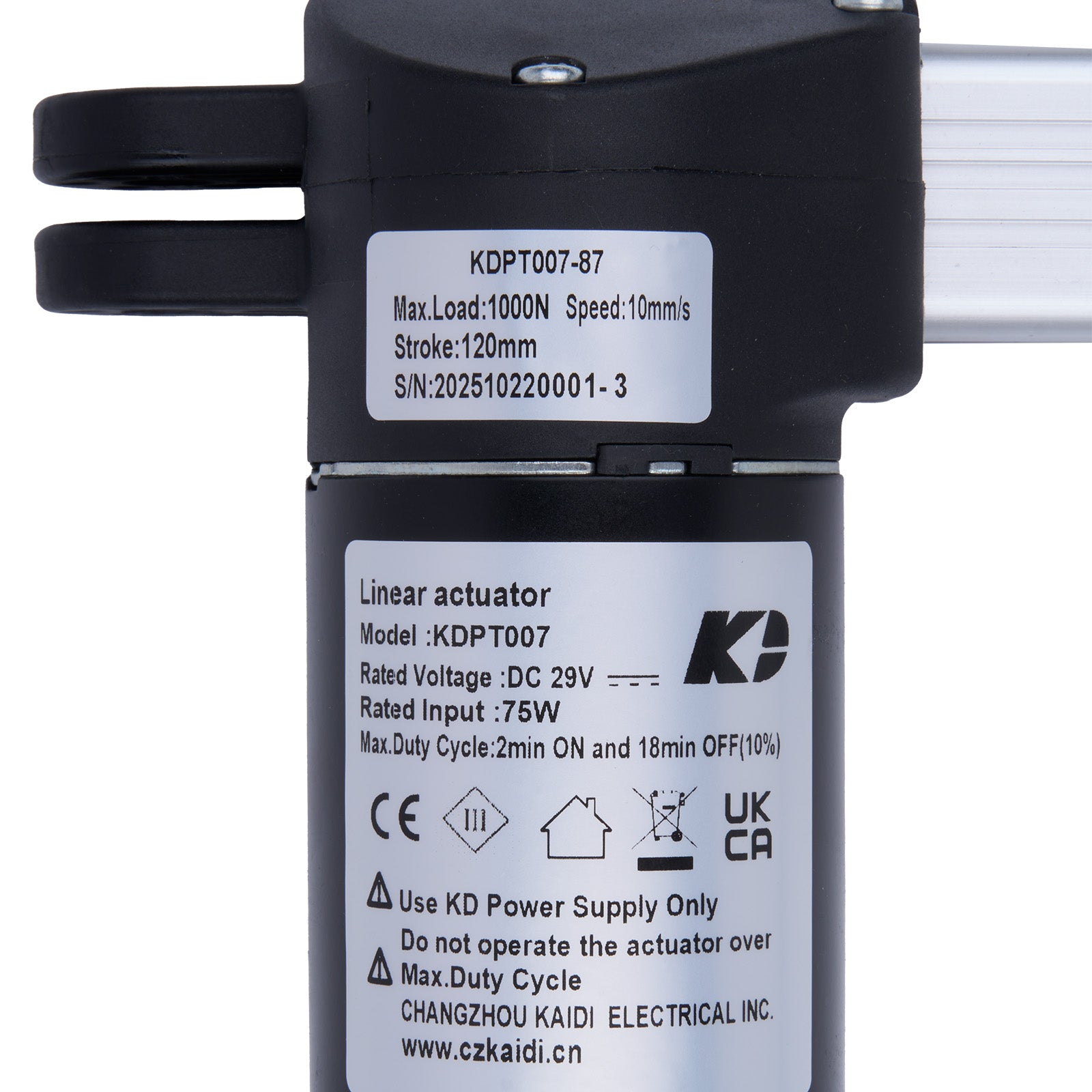 Linear actuator with specifications label on a white background