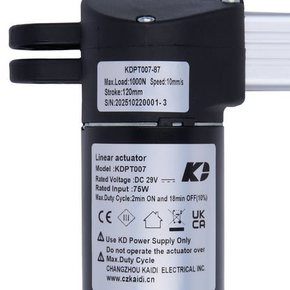 Linear actuator with specifications label on a white background