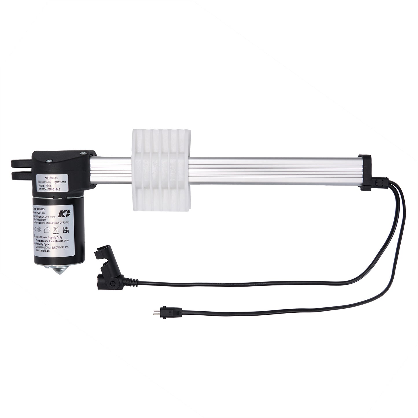 A linear actuator consisting of a black motor housing, a silver piston rod, and two cables with plugs.
