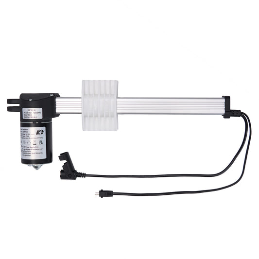 A linear actuator consisting of a black motor housing, a silver piston rod, and two cables with plugs.