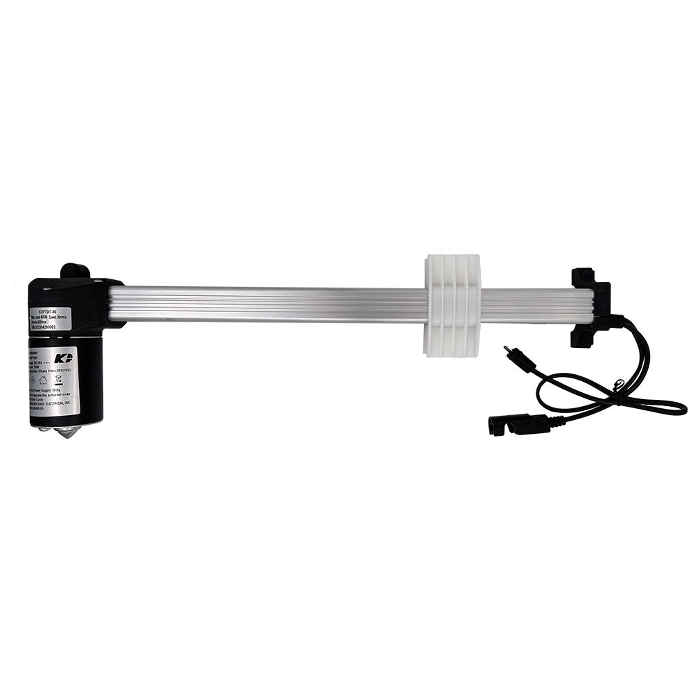 A Kaidi KDPT007-96 linear actuator, with a black motor and gear mechanism, a silver metal shaft, and attached electrical cables.