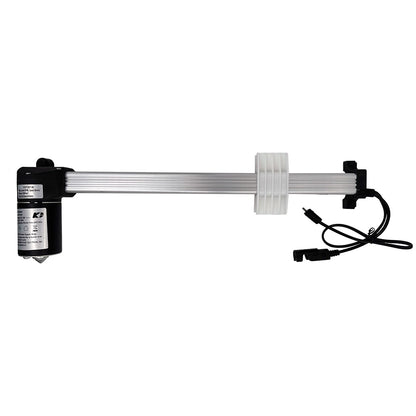 A Kaidi KDPT007-96 linear actuator, with a black motor and gear mechanism, a silver metal shaft, and attached electrical cables.