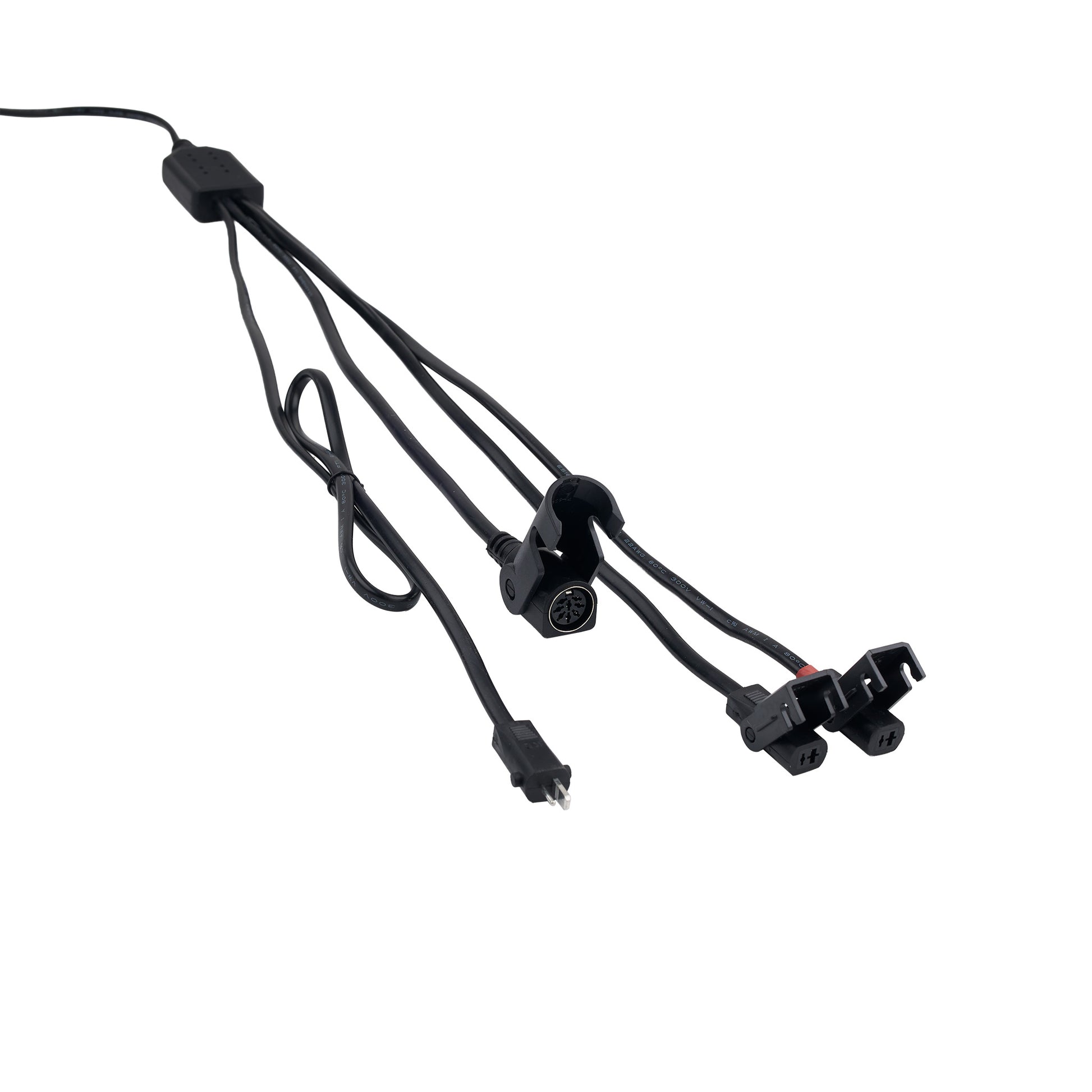 Set of black cables with connectors on a white background