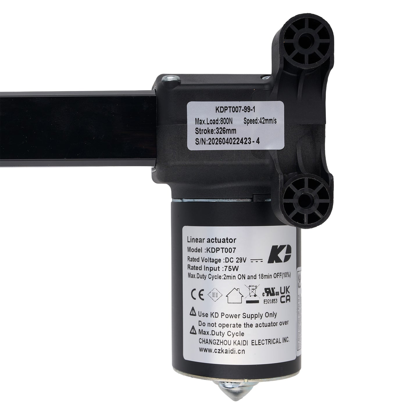 Linear actuator with visible branding and specifications on a white background