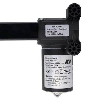 Linear actuator with visible branding and specifications on a white background