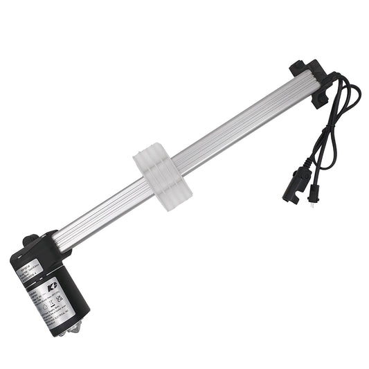 A silver-colored linear actuator with a drive motor, two cables, and plugs designed for use in a power recliner or lift chair.