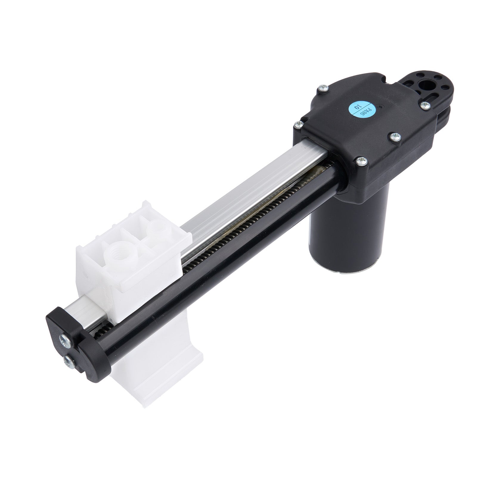 Mechanical linear actuator with black housing and white rods on a white background