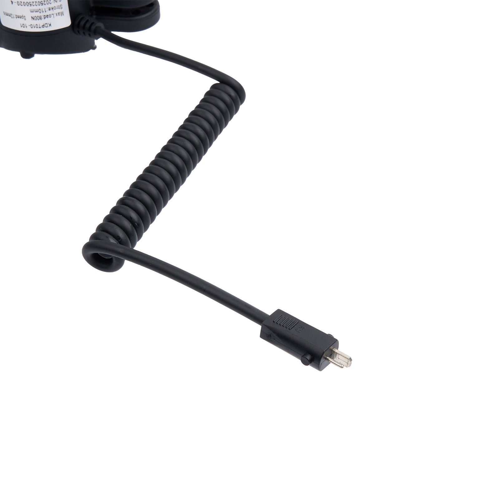 Black coiled cable with a USB connector on a white background