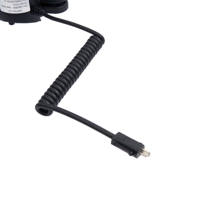 Black coiled cable with a USB connector on a white background