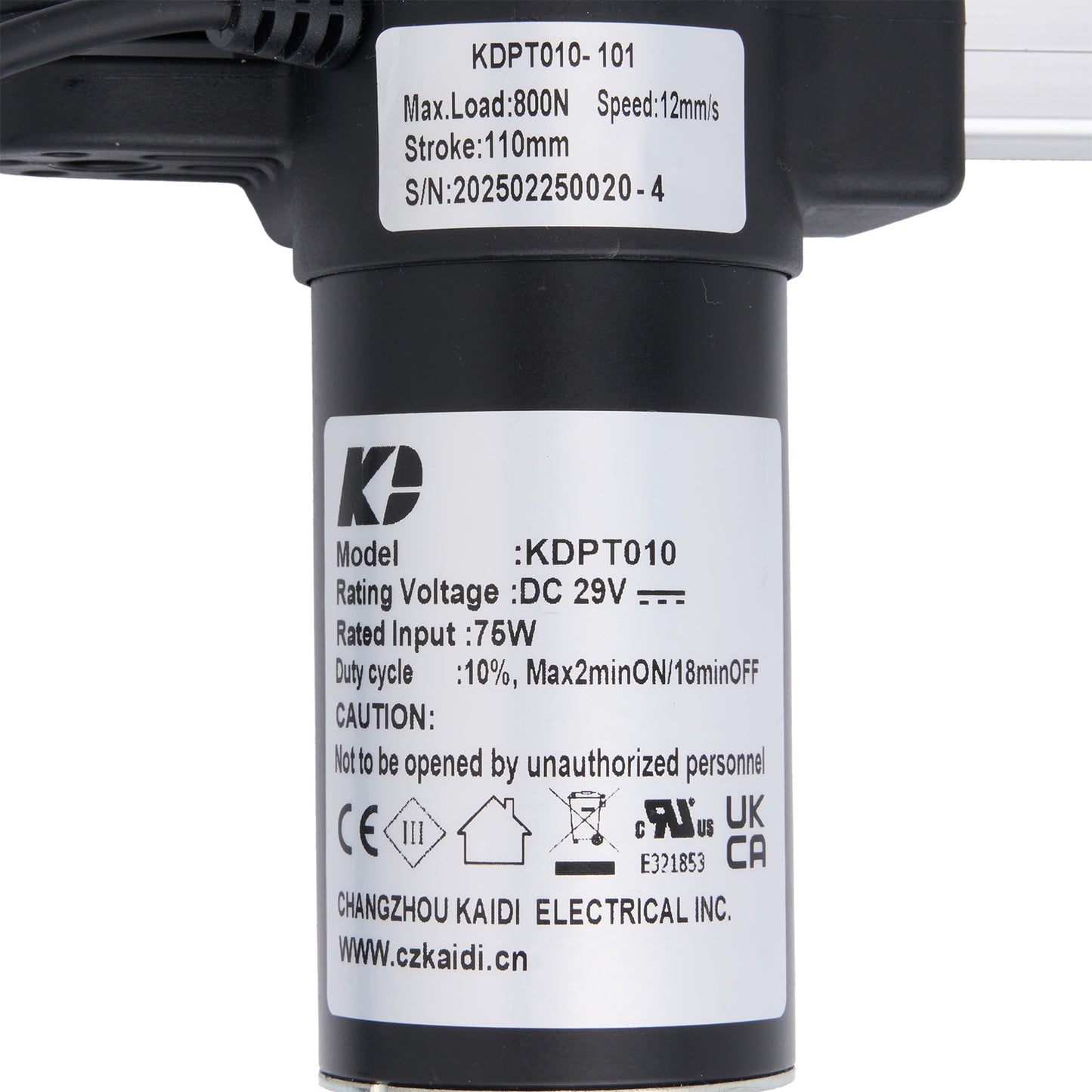 Close-up of a mechanical component with labels and specifications on a white background