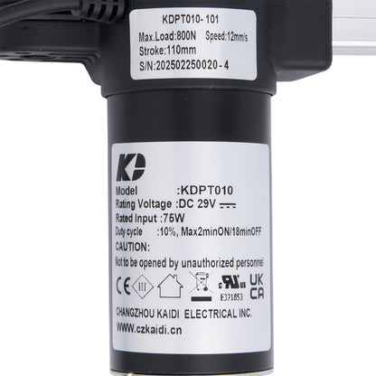 Close-up of a mechanical component with labels and specifications on a white background