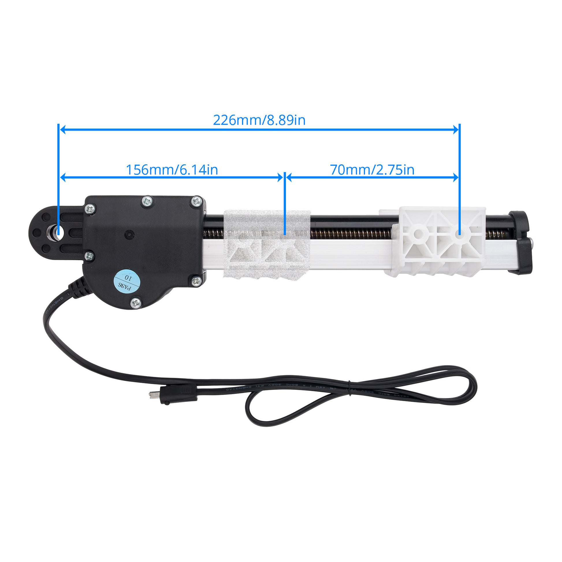 A linear slide rail assembly with a black motor housing, white plastic guide rails, and a black power cable, shown with blue dimension lines and text indicating measurements of 226mm/8.89in, 156mm/6.