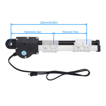 A linear slide rail assembly with a black motor housing, white plastic guide rails, and a black power cable, shown with blue dimension lines and text indicating measurements of 226mm/8.89in, 156mm/6.
