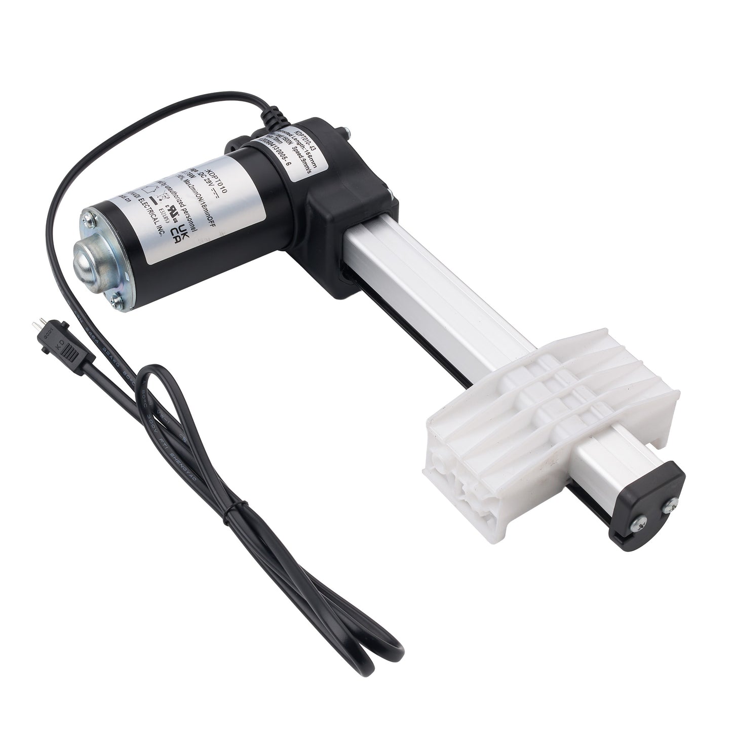 An industrial linear motor slide with a black and silver motor, a white plastic guide, and a black cable, shown on a solid white background.