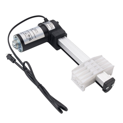 An industrial linear motor slide with a black and silver motor, a white plastic guide, and a black cable, shown on a solid white background.