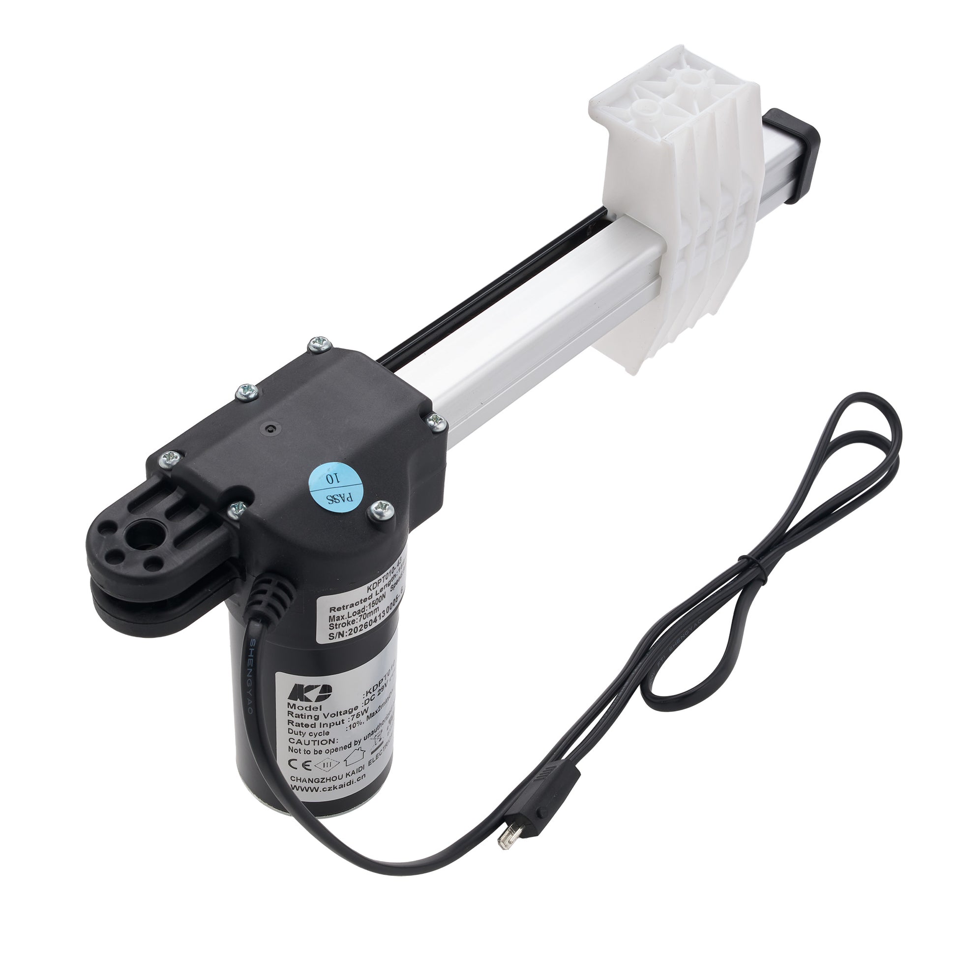 An electric linear motor slide with a black motor housing, white aluminum rail, and black cable on a white background.