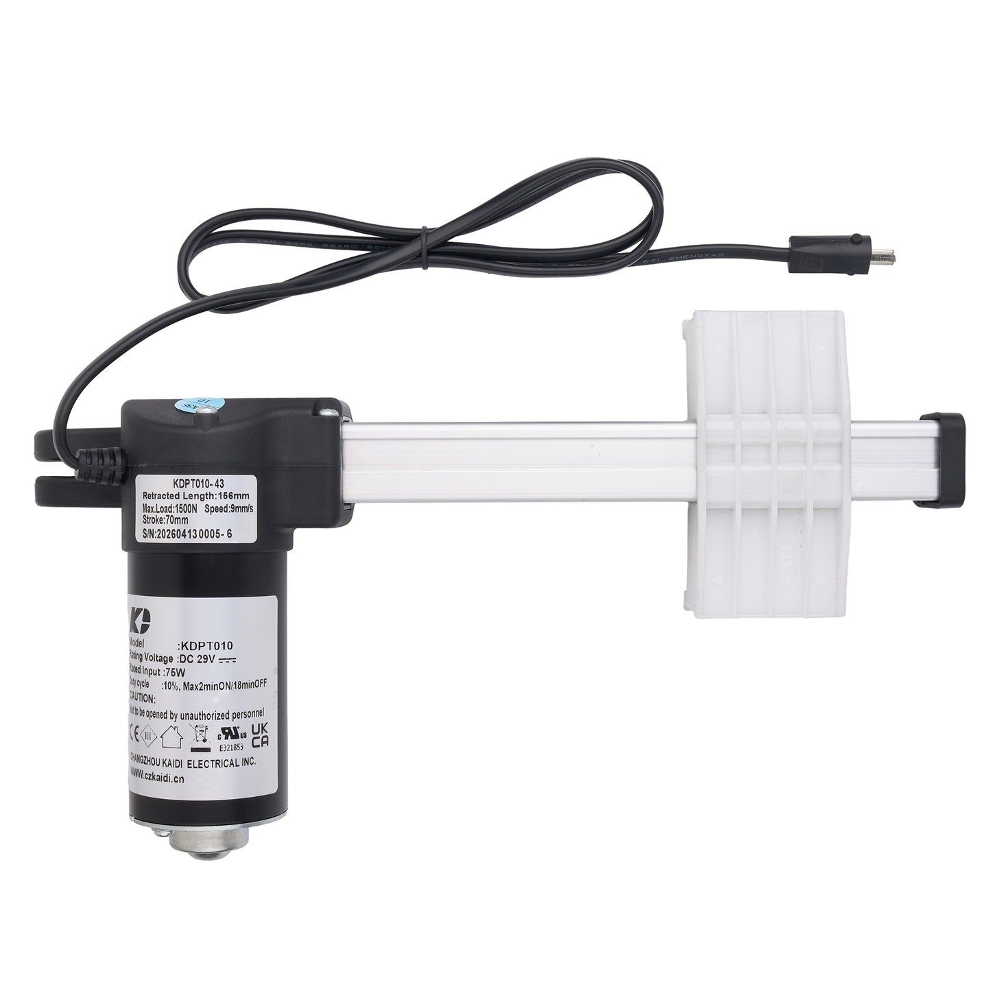 An electric window blind motor driver with a black power cable, a black and white control box, and a white plastic mounting bracket, shown against a plain white background.
