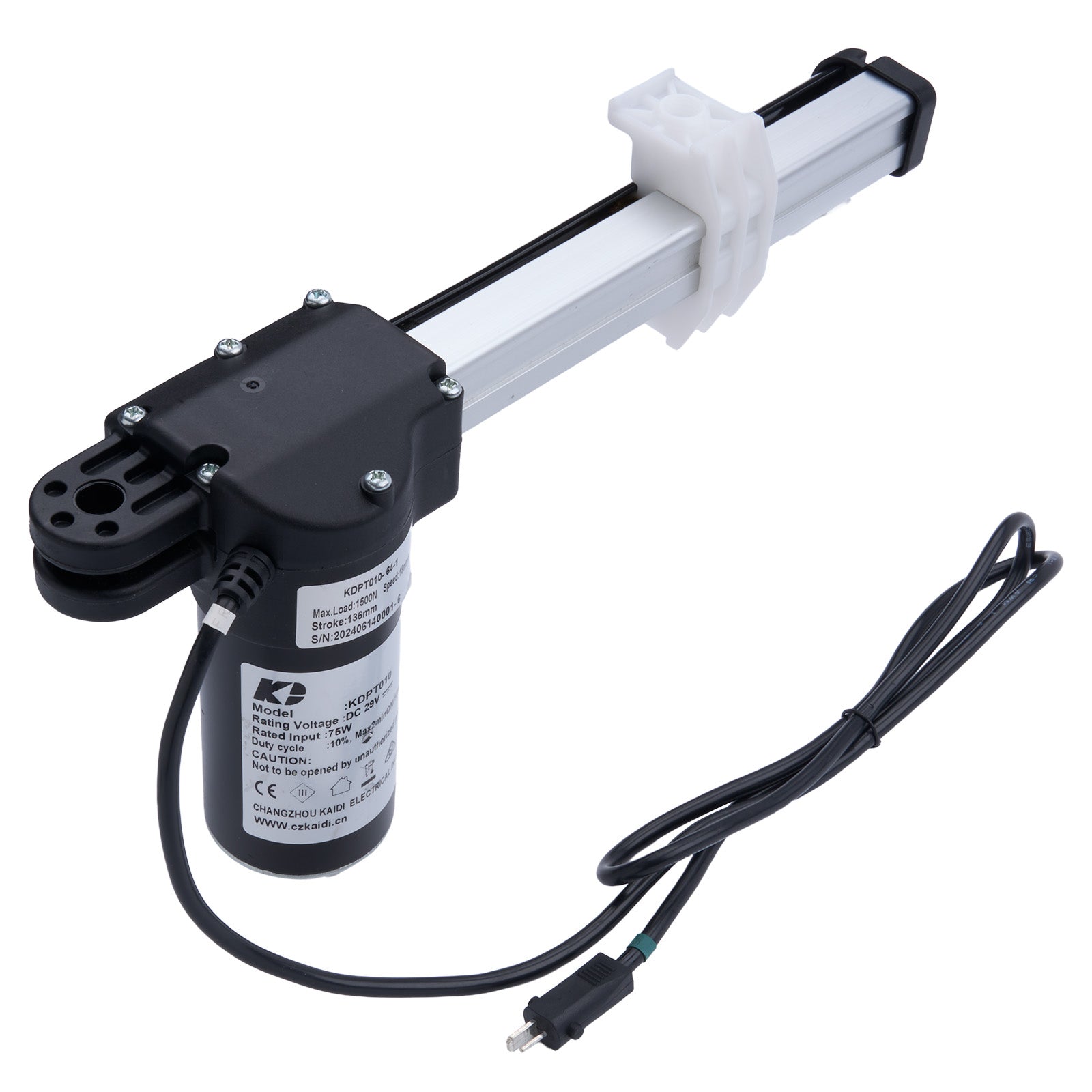 Electric actuator with a label on a white background