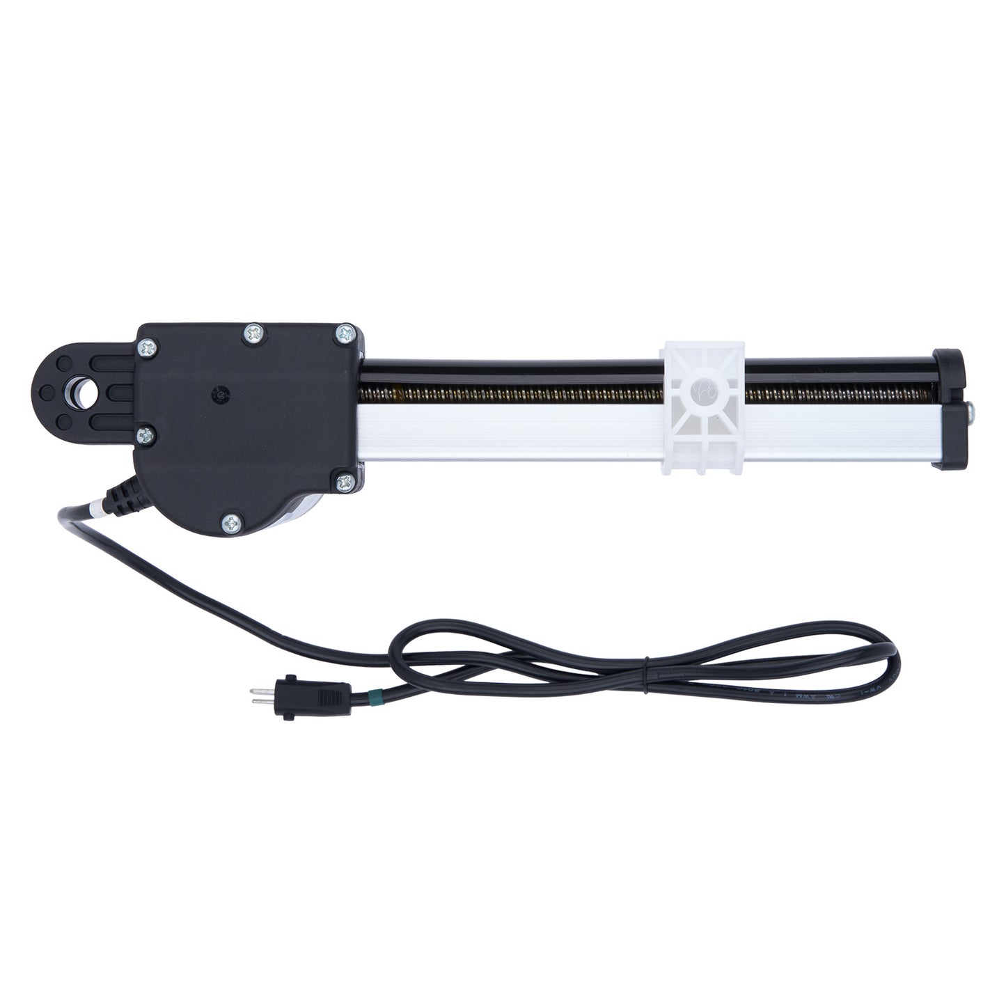 Mechanical linear actuator with power cable on a white background