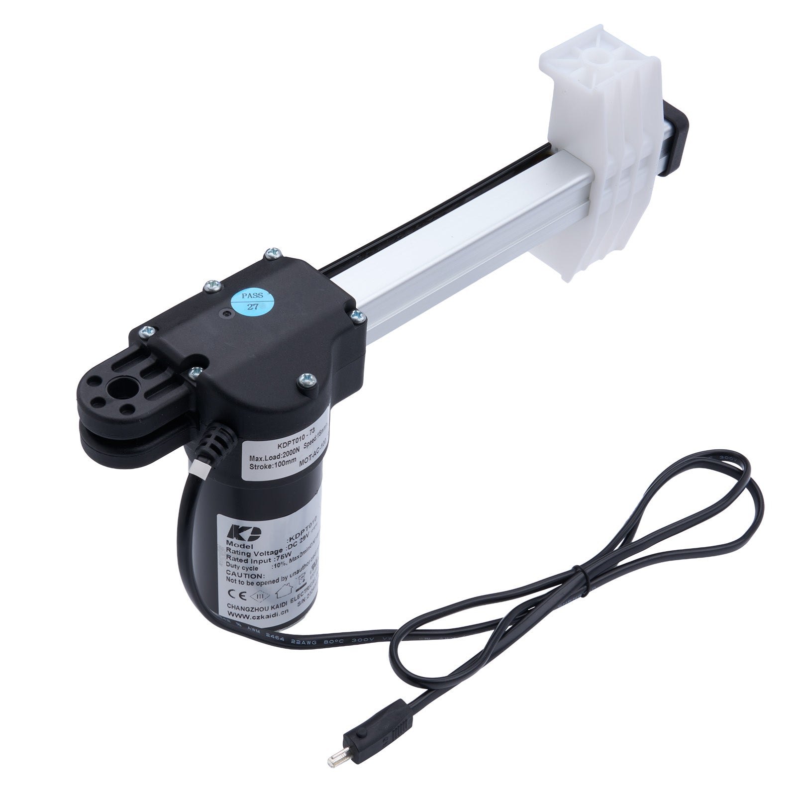 Electric actuator with a black housing and white arm on a white background