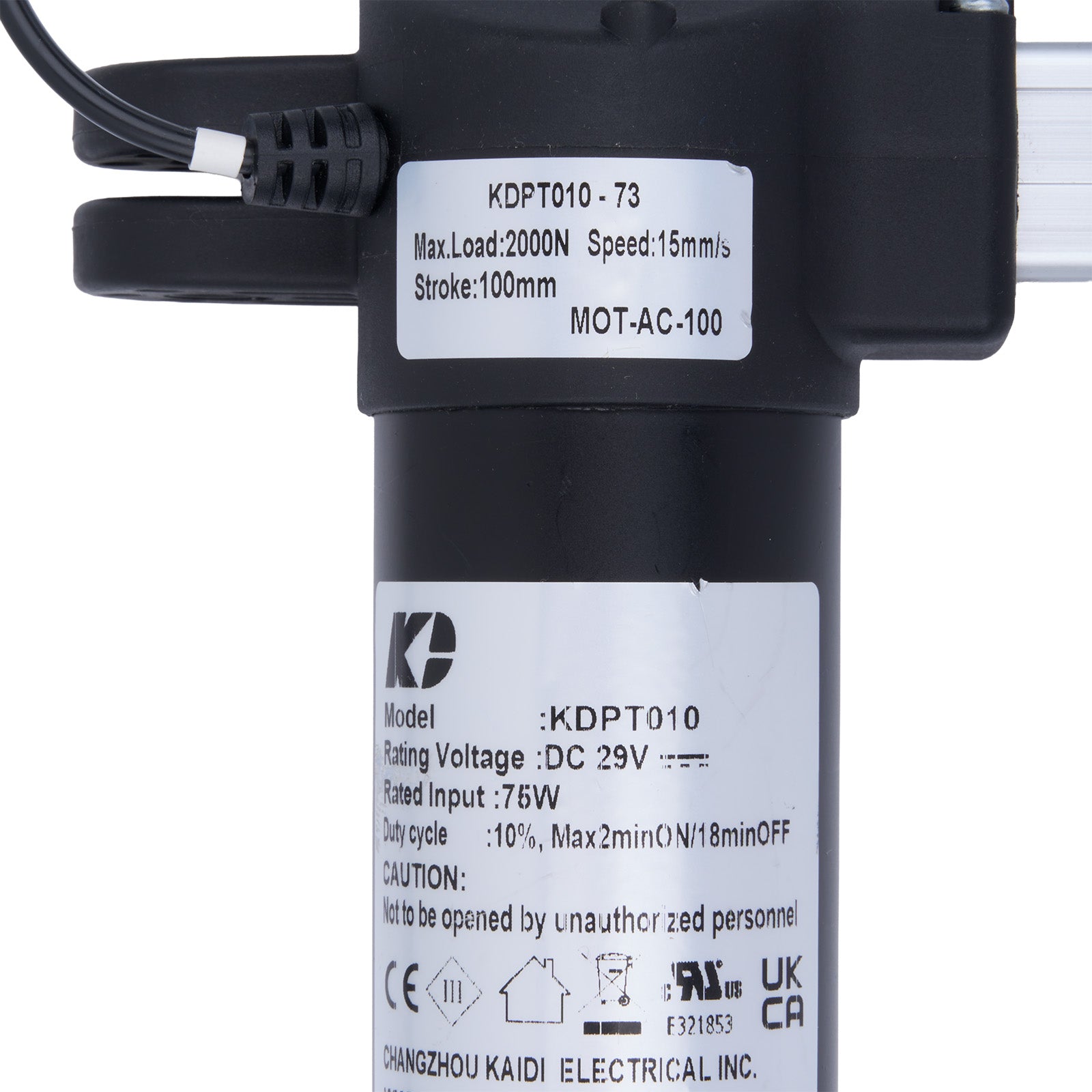 Electric actuator with label displaying specifications on a white background