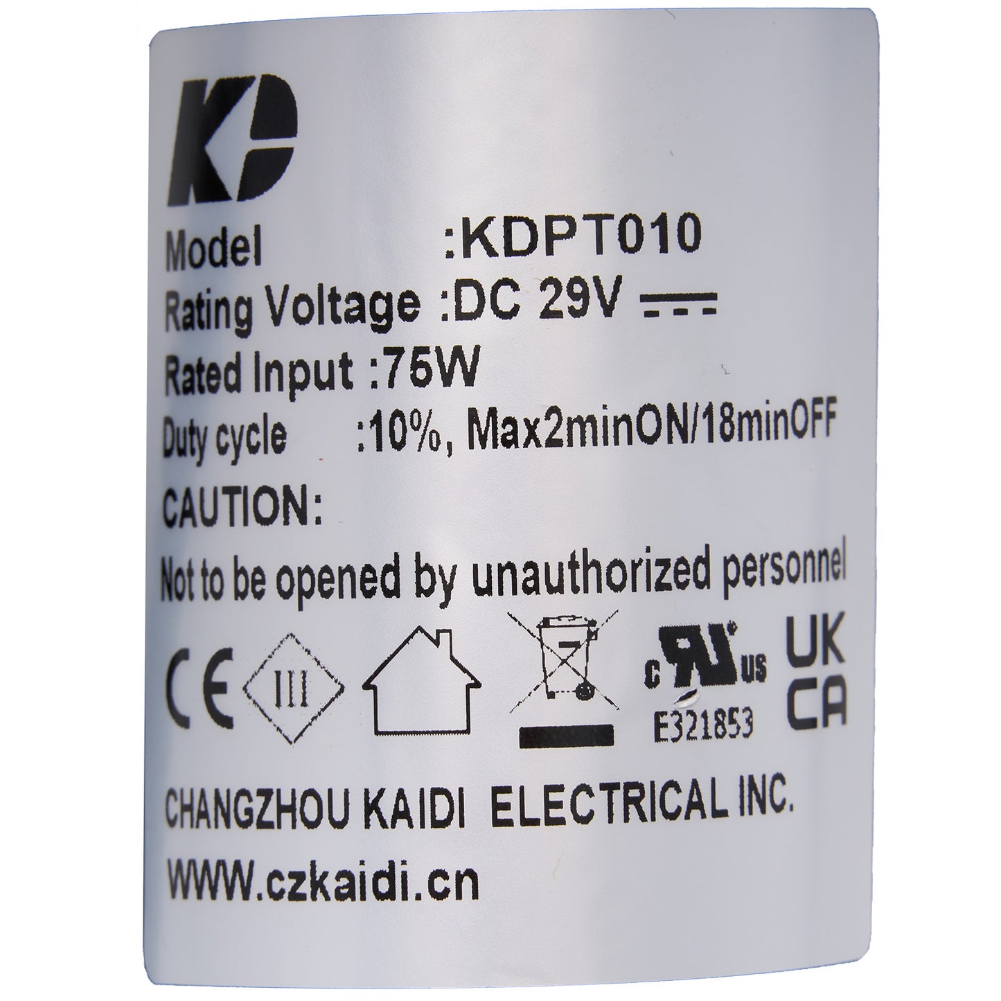 Technical label on a white background with product details and branding.