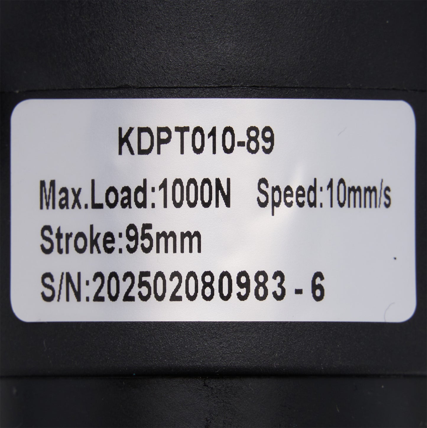 Technical specifications label on a black background