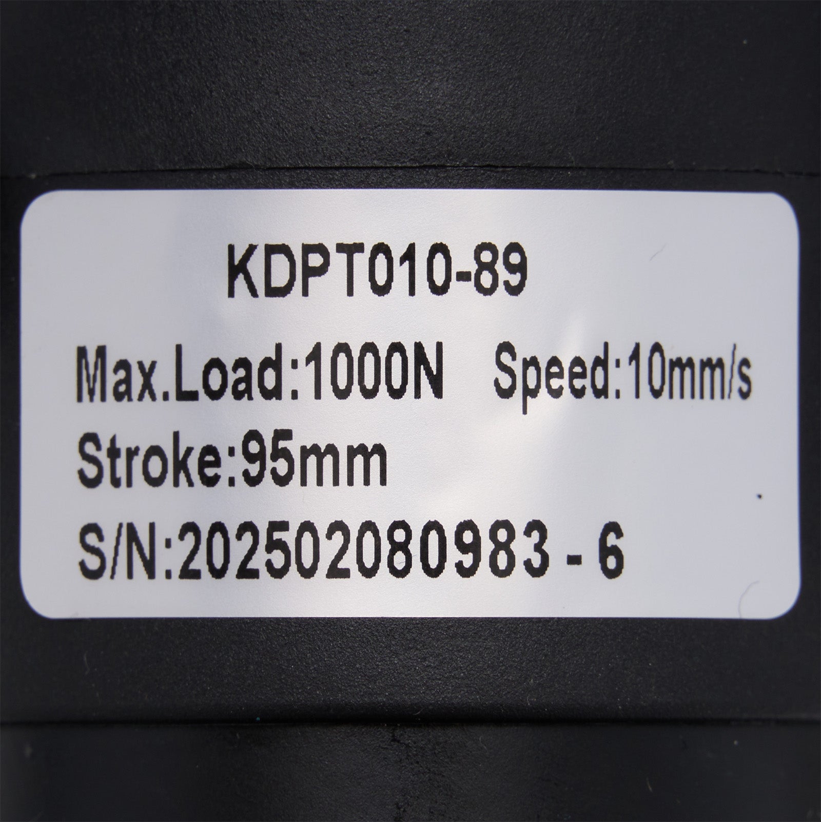 Technical specifications label on a black background