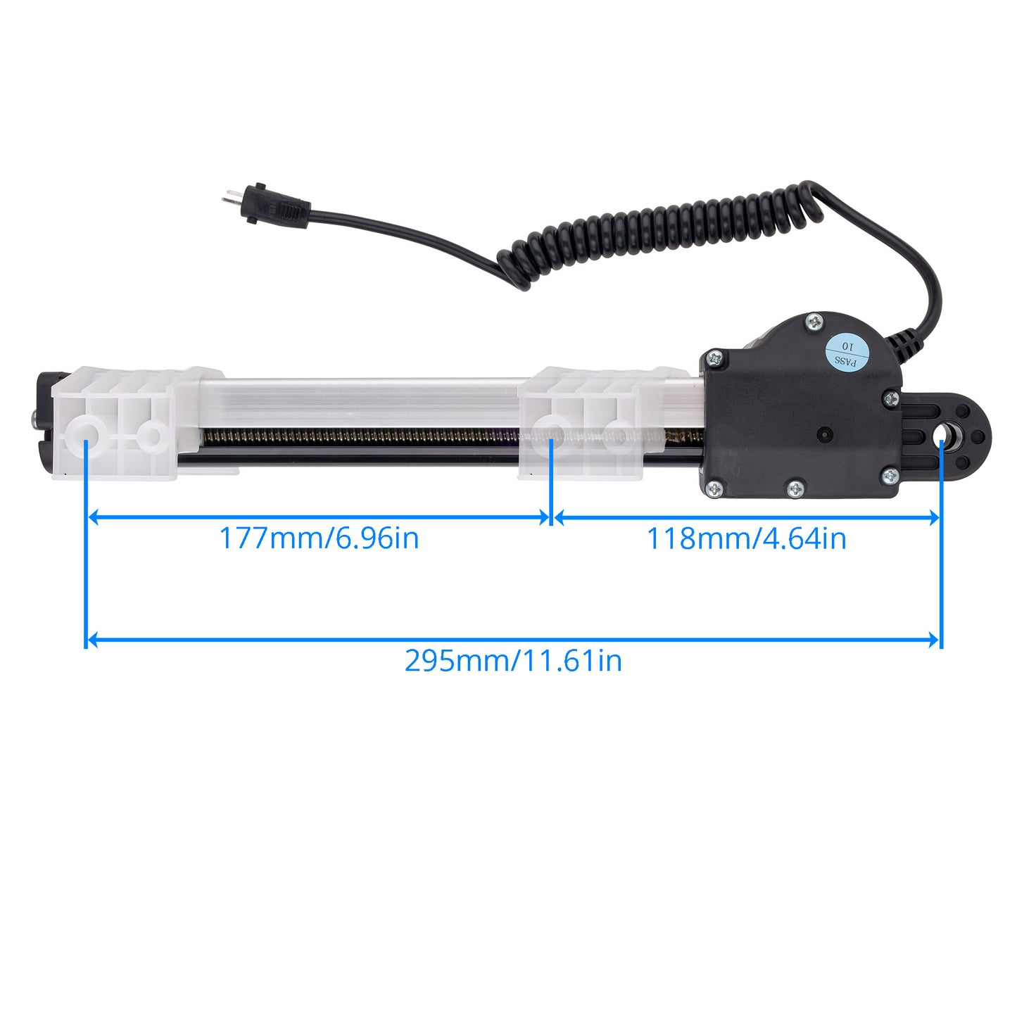 A linear electric actuator with a black coiled power cable, white plastic housing, and black motor assembly, shown with blue dimension lines and measurements on a white background.