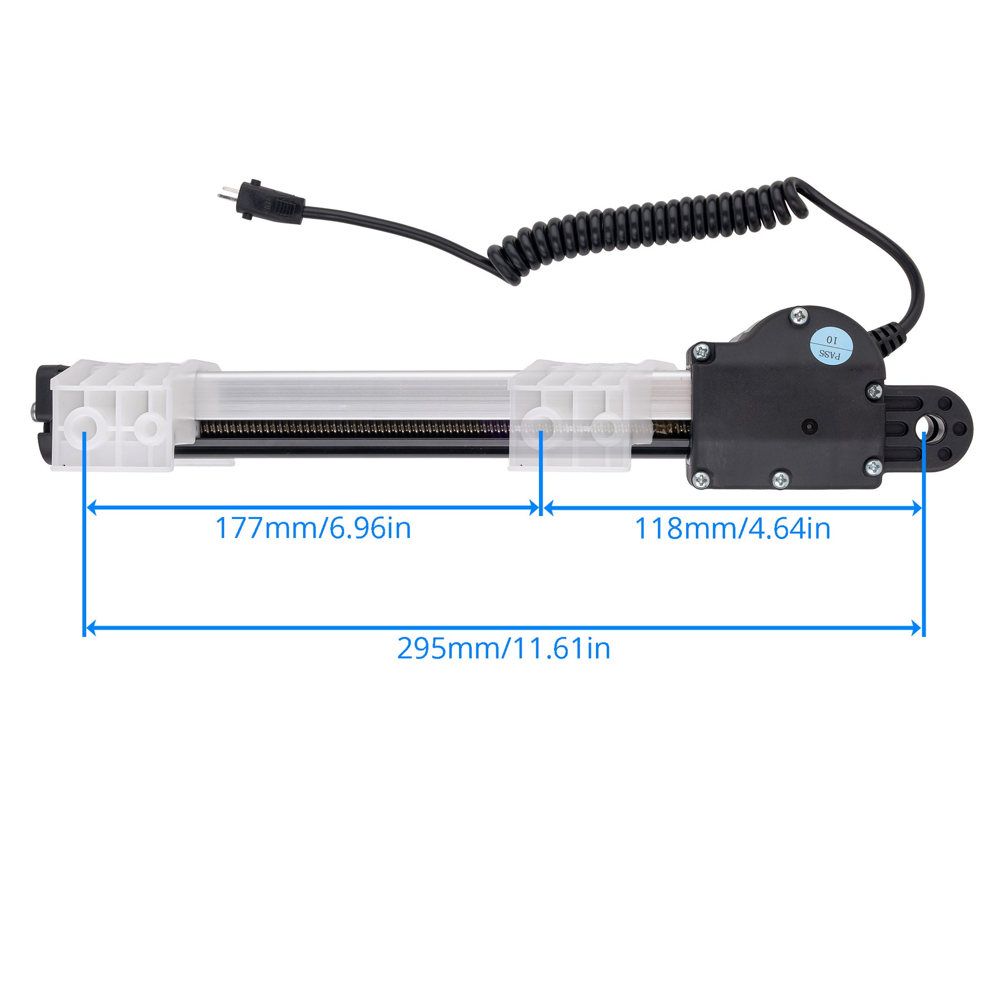 A linear electric actuator with a black coiled power cable, white plastic housing, and black motor assembly, shown with blue dimension lines and measurements on a white background.