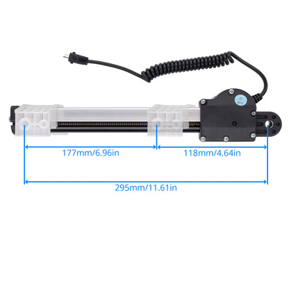 A linear electric actuator with a black coiled power cable, white plastic housing, and black motor assembly, shown with blue dimension lines and measurements on a white background.